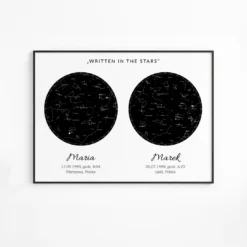 Mapa nieba i gwiazd z datą — czarny poziomy plakat z dwoma mapami nieba jako prezent dla pary
