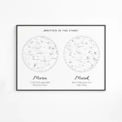 Mapa nieba i gwiazd z datą — biały poziomy plakat z dwoma mapami nieba jako prezent dla pary