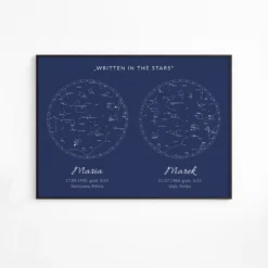 Mapa nieba i gwiazd z datą — granatowy poziomy plakat z dwoma mapami nieba jako prezent dla pary