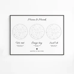 Mapa gwiazd z datą — biały poziomy plakat z trzema mapami nieba jako prezent