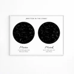 Mapa nieba i gwiazd z datą — czarny poziomy plakat z dwoma mapami nieba jako prezent dla pary