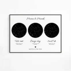 Mapa gwiazd z datą — czarny poziomy plakat z trzema mapami nieba jako prezent