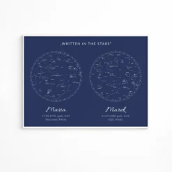 Mapa nieba i gwiazd z datą — granatowy poziomy plakat z dwoma mapami nieba jako prezent dla pary