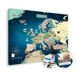 Niebieska mapa Europy na ścianę do oznaczania podróży XXL