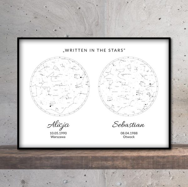 Personalizowana mapa nieba i gwiazd podwójna white PicArta