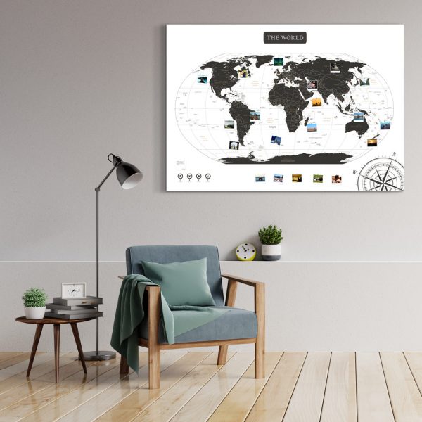A0 Mapa Świata do Oznaczania Podróży Czarno Biała wizualizacja