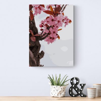 Aranżacja z obrazem malowanym po numerach wiosenne kwiaty kwitnąca wiśnia PicArta sq