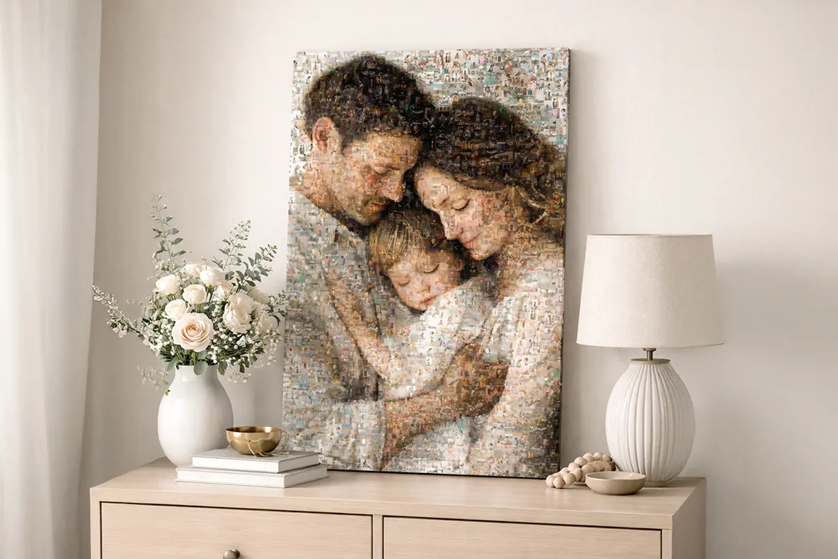 Mozaika ze zdjęć rodzinna - portret trojga zbudowany z setek małych zdjęć składowych